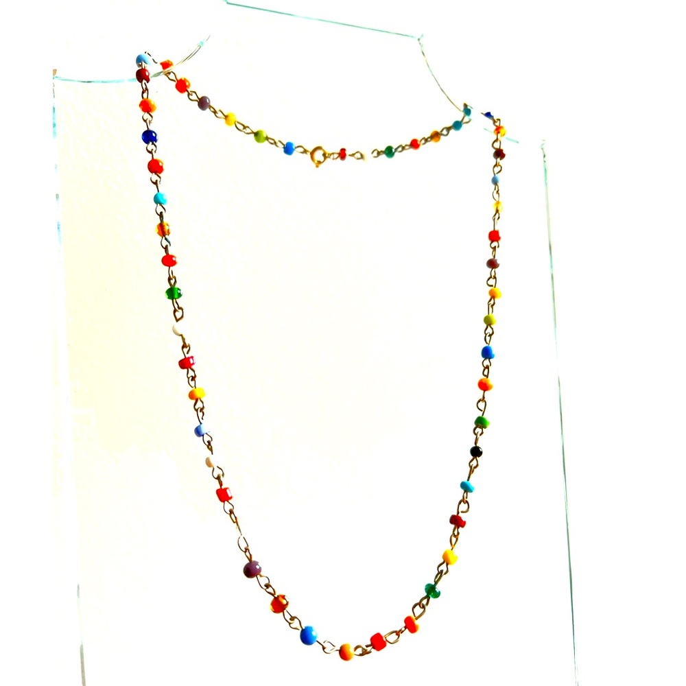 Vintage rainbow colored beads necklace multicolored gold tone station 19" 90s